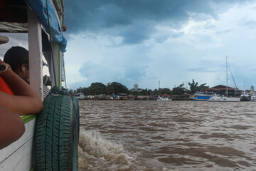 Boat travel, arriving at port Guamá River, Belém, Pará, Amazon, Brazil - obrazy, fototapety, plakaty