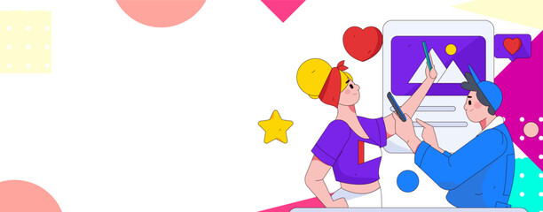 Virtual characters social communication concept business flat vector hand drawn illustration
