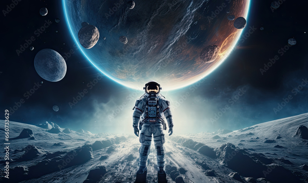 Wall mural astronaut in outer space. mixed media. spaceman or astronaut on the surface of moon.