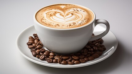 View from above of hot cappuccino in a white cup with roasted coffee beans next to it on a white background