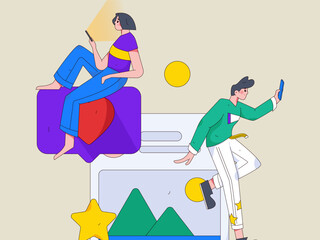 Virtual characters social communication concept business flat vector hand drawn illustration
