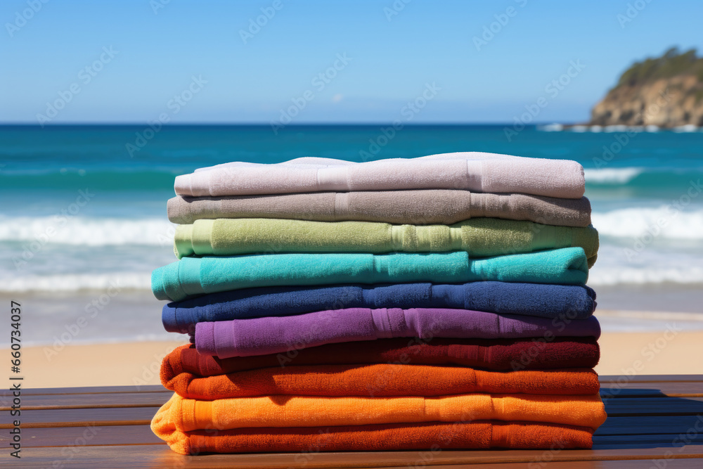 Poster neat stack of towels sitting on top of wooden table. this versatile image can be used in various con