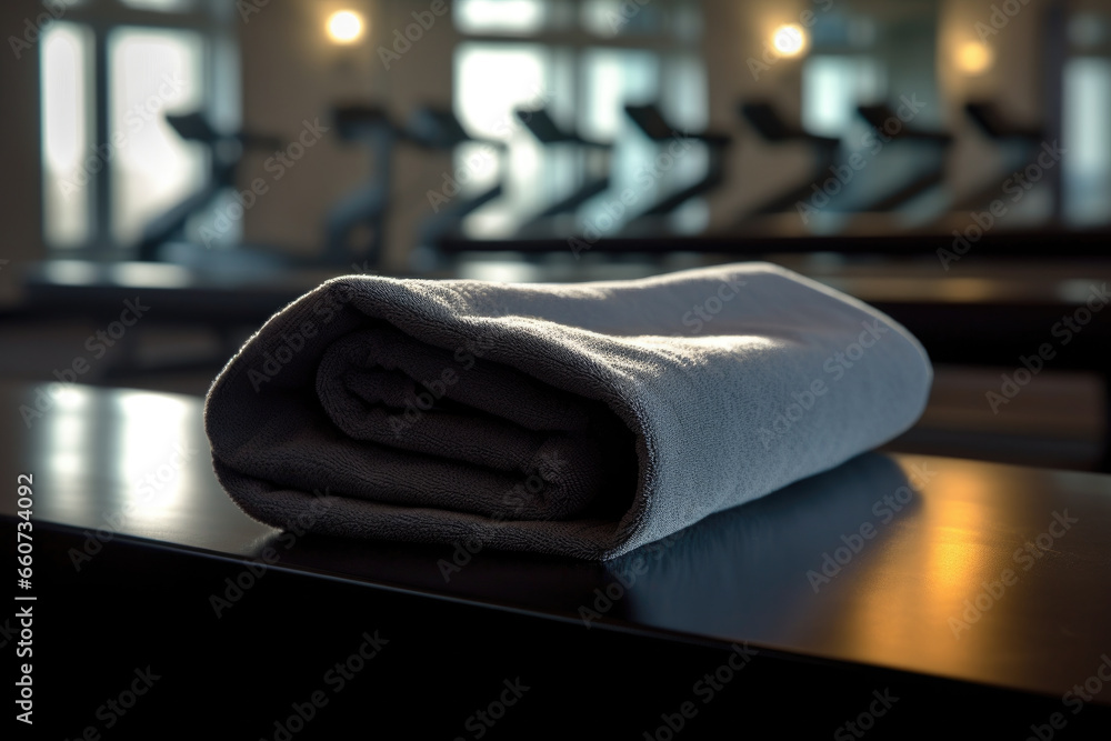 Poster neatly folded towel placed on top of table. perfect for showing cleanliness and organization. ideal 