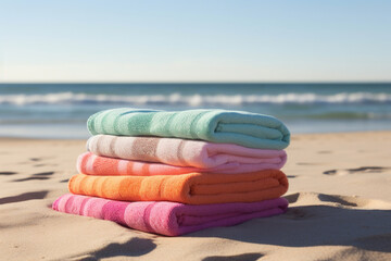 Stack of towels sitting on top of sandy beach. Perfect for relaxing day at beach or tropical vacation.
