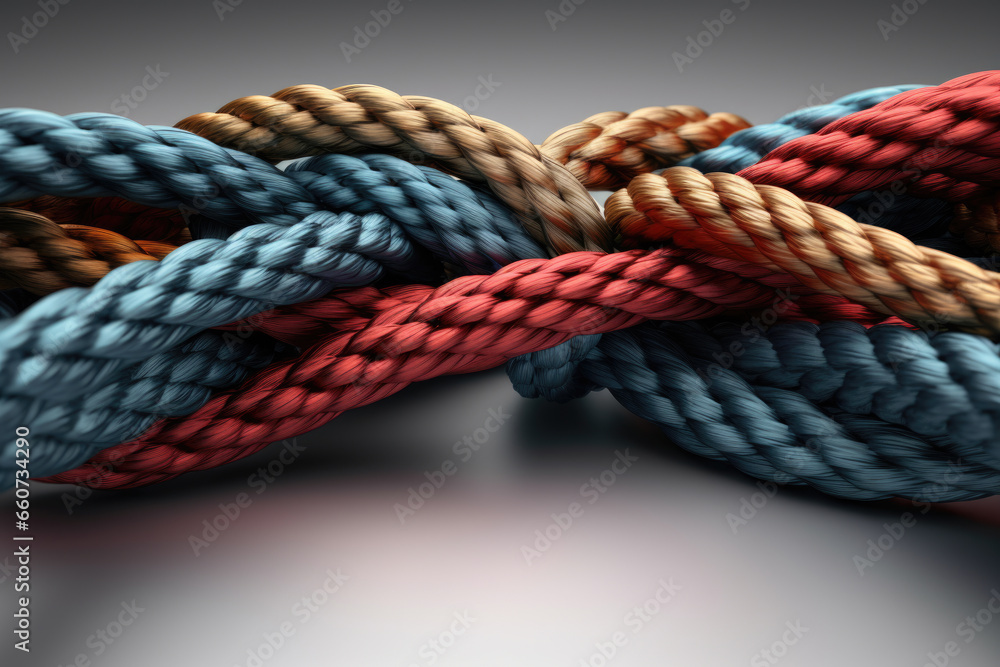 Poster detailed close-up of knot of rope placed on table. can be used to depict concepts of strength, secur