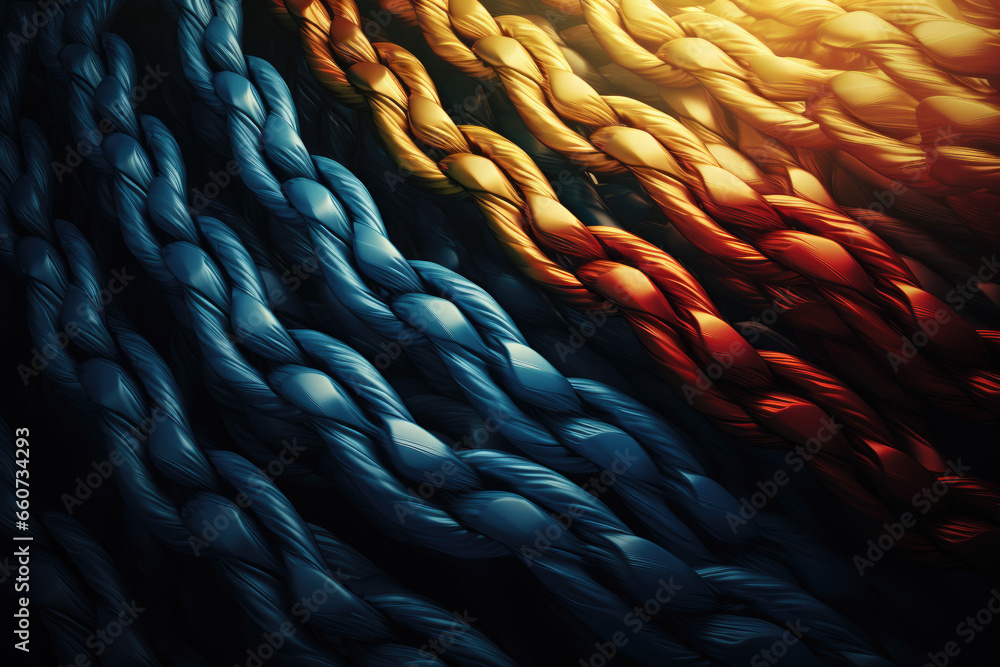 Poster detailed close-up view of variety of ropes in different vibrant colors. this image can be used in va