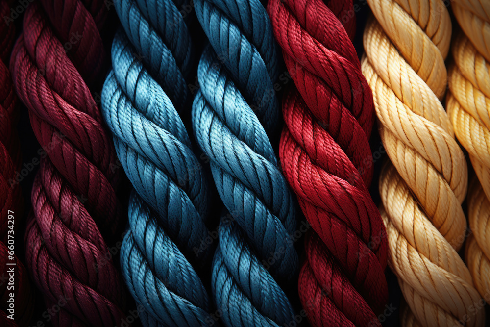 Poster close-up view of variety of vibrant and colorful ropes. diversity, teamwork, or various concepts rel