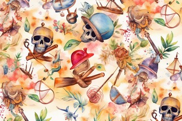 Pattern with vibrant watercolor objects portraying a pirate adventure. Generative AI