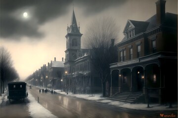 as a main street in a small village with a clock tower half was down the street on the right with 10 ghostly figures walking the street known for its haunted houses the amber full moon mostly  - obrazy, fototapety, plakaty