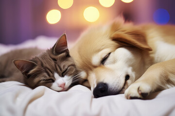 Fototapeta na wymiar Dog and cat peacefully sleeping together on bed. Perfect for illustrating friendship and harmony between different animals. Suitable for pet-related articles, social media posts, and children's books.