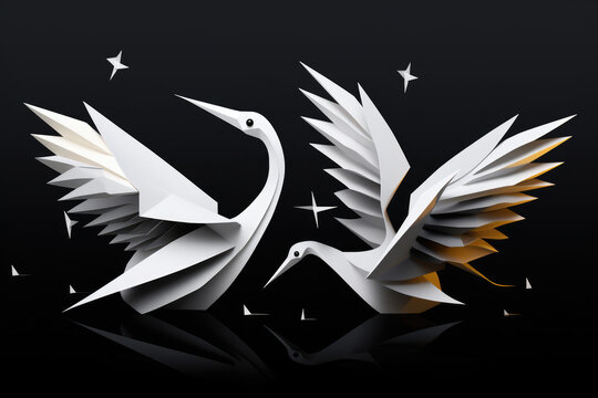 Two paper birds flying gracefully through air. This image can be used to represent freedom, creativity, and imagination. Perfect for various projects and designs.