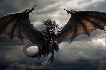 Fierce Fantasy Dragon flying in the stormy sky with clouds. Tall and proud with its wings spread wide. Full body. - obrazy, fototapety, plakaty