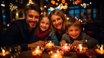 Happy family, father, mother, daughter, son sitting in front of candles - obrazy, fototapety, plakaty
