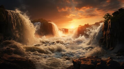 Fototapeta premium waterfall flowing with splashing drops, at sunset