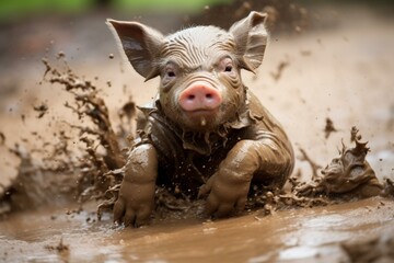 adorable pig playing in muddy water. Generative AI