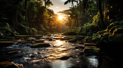 Waterfall in tropical forest isolated on sunset background