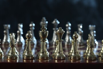 Set of chess pieces on checkerboard before game, selective focus
