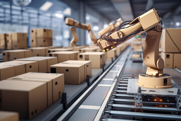 Robot hand work with Cardboard boxes moving along a conveyor belt in a warehouse fulfillment center.