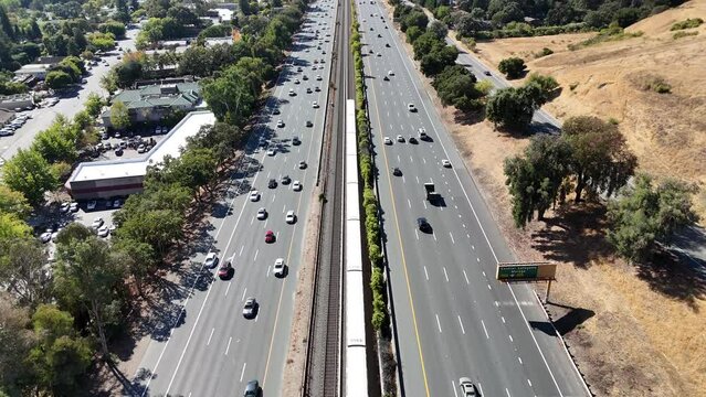 BART Train and highway. East Bay Area, Lafayette, California