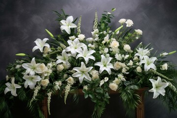 White lilies. Funeral backdrop. Floral arrangement. Generative AI