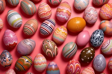 Fototapeta na wymiar Vibrant Easter eggs with various patterns on a colorful background. Generative AI