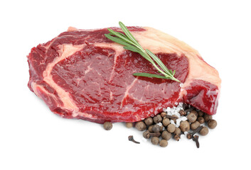 Piece of fresh beef meat, rosemary and spices on white background