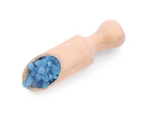 Wooden scoop with blue sea salt isolated on white, top view