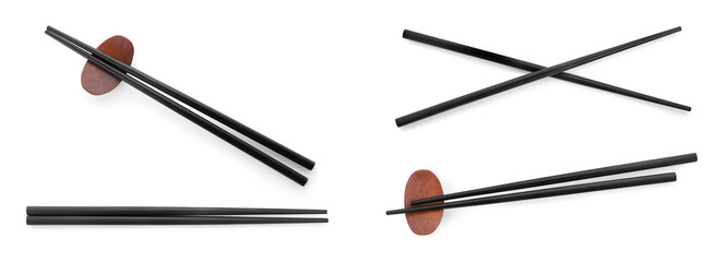 Collage with black chopsticks isolated on white