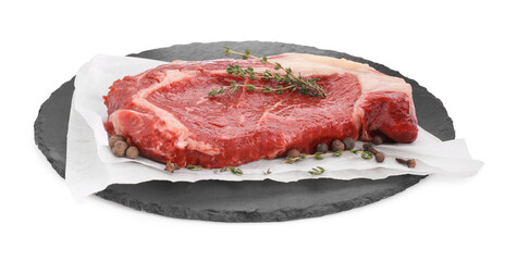 Piece of fresh beef meat, thyme and spices on white background