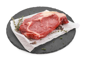 Piece of fresh beef meat, thyme and spices on white background