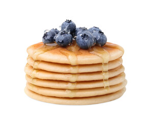Delicious pancakes with blueberries and honey isolated on white