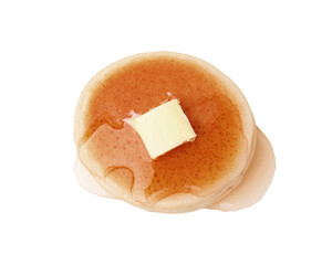 Delicious pancake with honey and butter isolated on white, top view