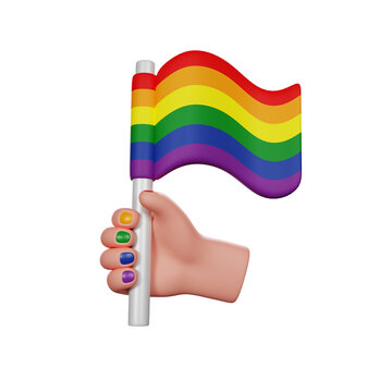 Hand holds Rainbow Flag, Pride Month, LGBTQ symbol, 3D render icon