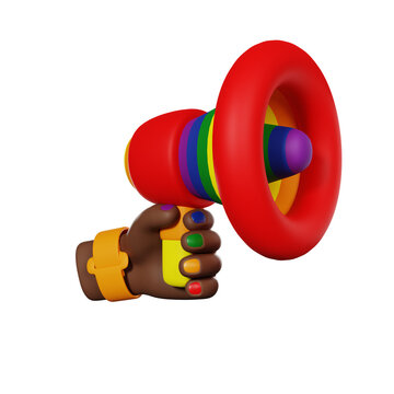 Hand holds Rainbow Loudspeaker, Pride Month, 3D render icon
