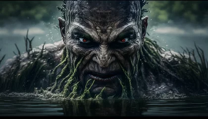 Foto op Plexiglas body shot portrait of a mesmerizing bold human swamp creature coming out of the water close up epic imposing beauty4 underwater theme sublime superb breathtaking photography cinematic lighting  © Anthony