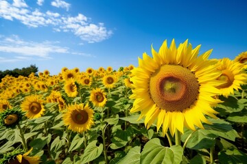 A vibrant sunflower field beneath a clear blue sky. Generative AI
