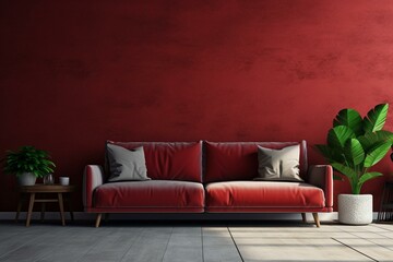 A red sofa, table, plants, brown wall with a blank poster in a simple room. Generative AI