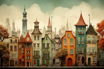 Old town houses with a tower and spire depicted through contemporary digital art painting in a vintage poster style. Generative AI - obrazy, fototapety, plakaty