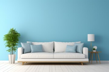 A cozy room featuring a couch adorned with pillows, alongside a white couch and blue wall. Generative AI
