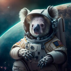 Koala animal Astronaut in space flying spaceship as pilot with planets in the distance detailed visible skinintricate details photo realistic finely detailed outfit extremely ornate octane render 
