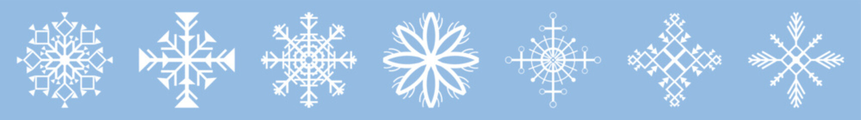 Set of many beautiful snowflakes on light blue background