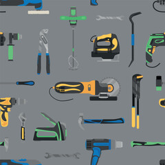 Set of construction tools on grey background. Pattern for design
