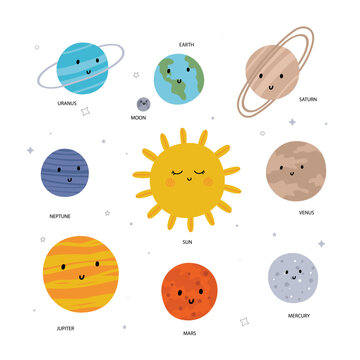 WebPlanets of the solar system. Sun moon and earth and other planets isolated on white background. Captions for each are in English. Flat vector illustration