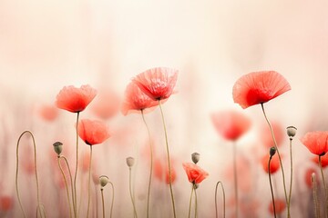 Red poppies blooming in a meadow against a neutral background. Generative AI