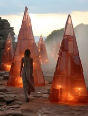 a mystical plot with woman walks among pyramidal giant lanterns