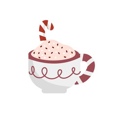 Mug of sweet hot chocolate on white background