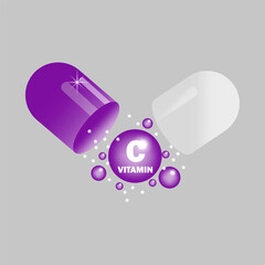 Vitamin C in open purple capsule. Health pill. Vector illustration. EPS 10.