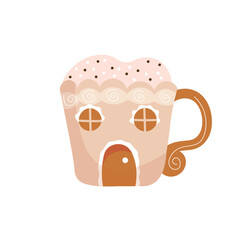 Mug of hot chocolate with whipped cream on white background