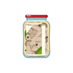Jar of homemade pickled mushrooms on white background
