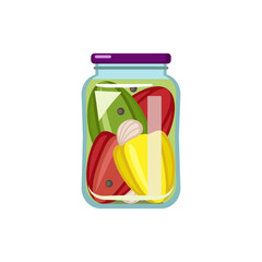 Jar of homemade pickled peppers on white background